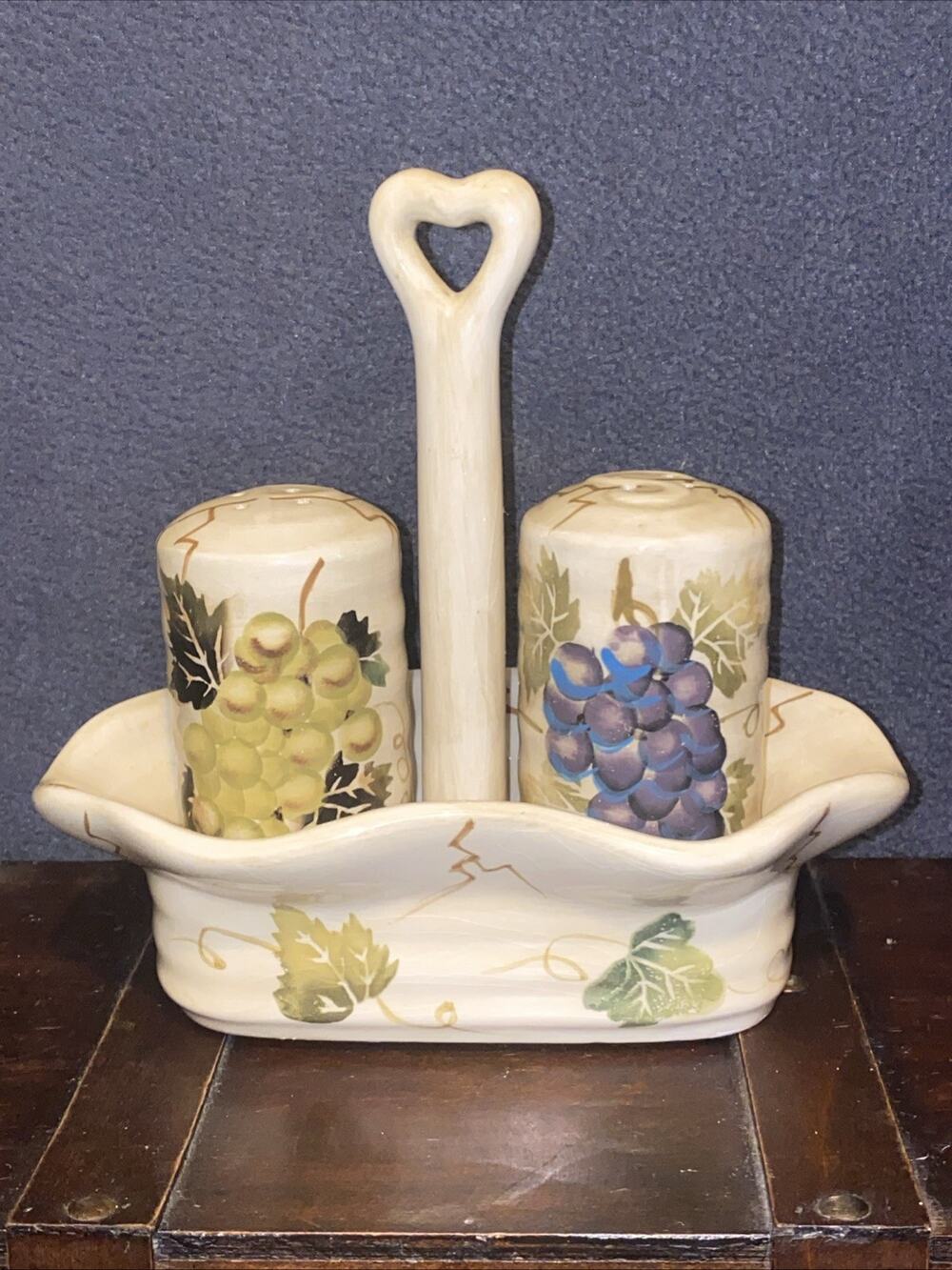 Cabernet Tabletops Unlimited Salt and Pepper Shakers with Caddy Hand Painted